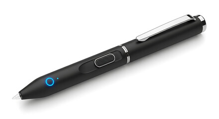Fototapeta premium Sleek black stylus pen with a button and illuminated tip, isolated on white background.