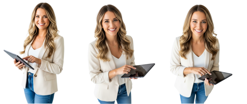 Collection of business women using tablet isolated on white or transparent background