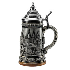 Engraved German beer stein with pewter lid. Isolated white background. Png format