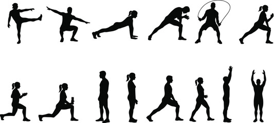Silhouette Vector Set of Men and Women Doing Home Workout, Fitness Exercises, Body Training, Stretching, Cardio, and Strength Moves