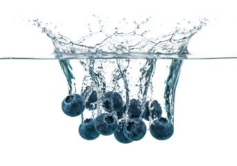 Blueberries splashing into water fresh fruit action underwater clear environment dynamic viewpoint isolated PNG
