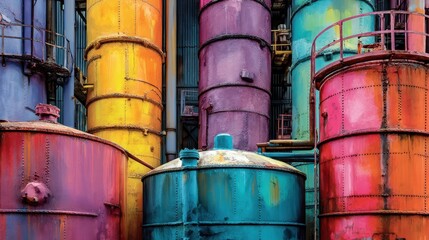 Colorful Industrial Tanks in Vibrant Colors Against a Background