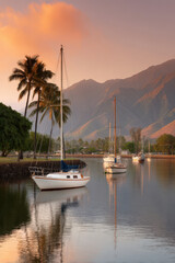 experience enchanting vibe of hawaii with peaceful harbor filled with sailboats during sunset