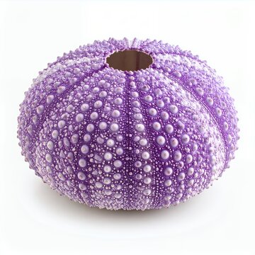 Intricate purple sea urchin shell with delicate white dots observed on white background