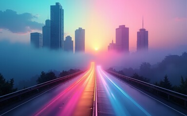 Colorful urban road amidst fog and skyscrapers with rainbow overlay and modern city landscape. High quality