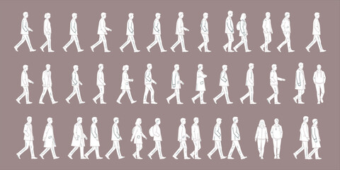 Walking people illustration, men and women walking, urban lifestyle, street pedestrians, modern fashion, city life, vector character design setWalking people illustration, men and women 
