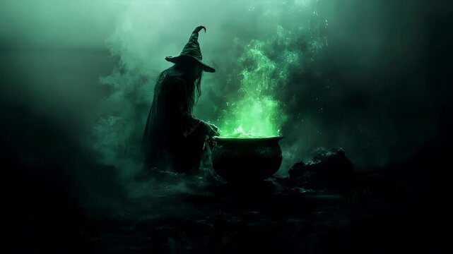 Witch stirring a potion in a misty, ethereal environment with a greenish hue. The witch is dressed in a long robe and a pointed hat, and her long hair flows down her back.