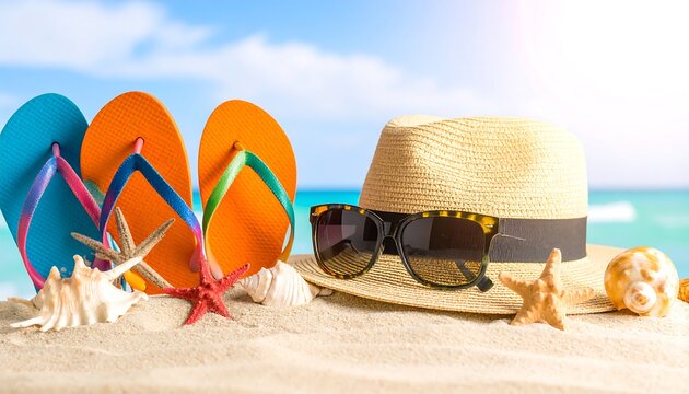 Colorful Flip Flops, Straw Hat, and Sunglasses on Sandy Beach