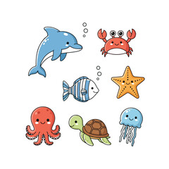 Cute cartoon sea creatures including a dolphin fish crab starfish octopus turtle and jellyfish vector