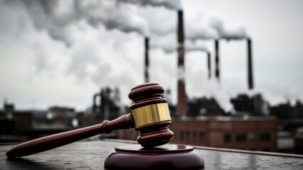 Gavel on Table with Industrial Smokestacks and Pollution in Background