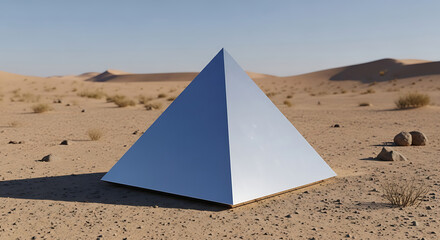 Mirrored Pyramid in Desert Landscape Capturing the Sky Reflecting Optical Illusion and Geometric Art Installation Evoking Mystery and Wonder