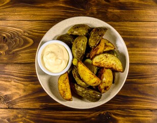 Crispy potato wedges on a plate with dipping sauce