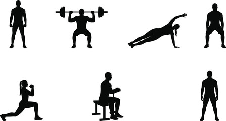 Silhouettes of men and women doing strength exercises, bodyweight training, squats, lunges, barbell lifting, pushups, planks, and seated workouts