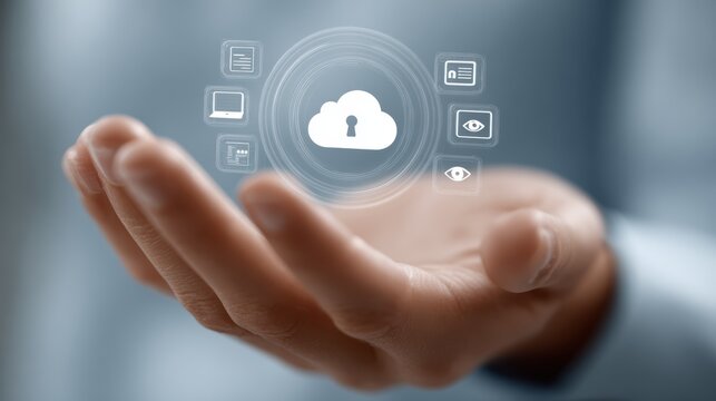 Person's hand presents conceptual design. Digital graphic shows cloud computing icon security features. Data protection, technology, digital storage, networking, access, information, secure, privacy,