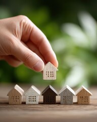 Hand selects home from row wooden houses, representing choice, decision, options, opportunity, real estate, investment, housing, new beginning. Concept portrays selection, property, mortgages,