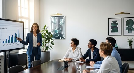 Business team meeting with a female presenter showing data on a large screen.