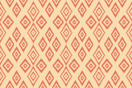 Seamless orange Ikat diamond pattern on cream background. Ethnic textile design in warm earthy tones for fabrics, fashion, wallpaper, wrapping paper, and home decor.