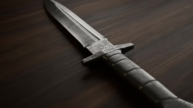 A close-up view of a metallic dagger resting on a wooden surface, showcasing its sharp blade and hilt