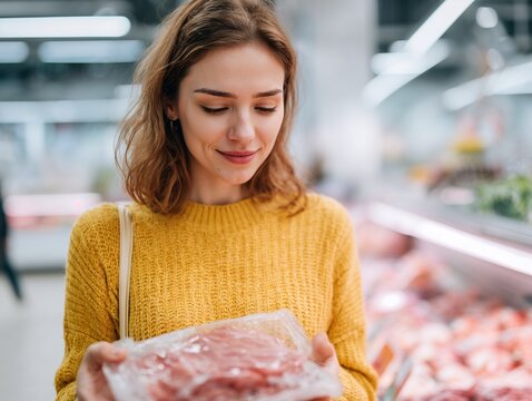 Woman buying packaged meat at grocery store