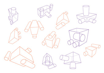 Clusters of boxes with cylinders attached in a 3-point perspective in purple and orange colors