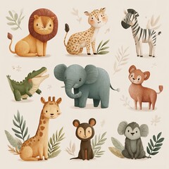 Naklejka premium Cute safari animals illustration in pastel colors