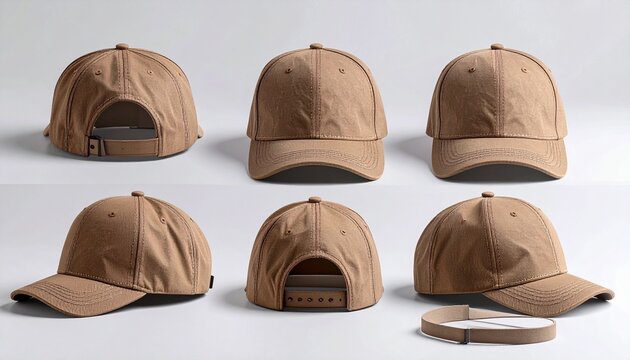 Six different angles of a tan baseball cap, showcasing design details and construction.
