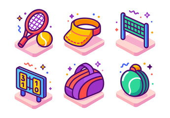 Colorful sports equipment icons featuring tennis, visor, net, scoreboard, bag, and ball 