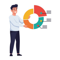 Data Presentation in Hand: A cheerful man is holding a colorful pie chart. This image captures the essence of information analysis and business data presentation.