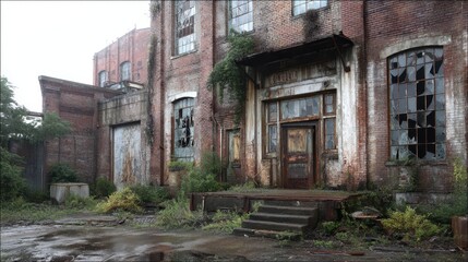 Derelict Factory Exterior with Broken Glass and Overgrown Vegetation