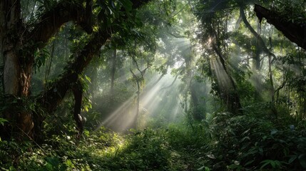 Sunbeams Piercing Through Dense Jungle Canopy in Vibrant Forest