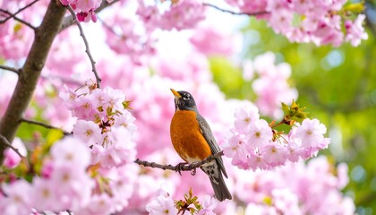 Fototapeta premium Robin rests on blossoms