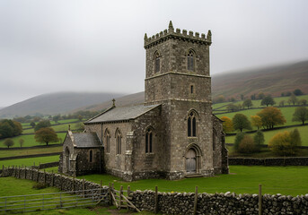 Fototapeta premium Historic stone church of St John with tall tower and medieval architecture in a scenic European landscape