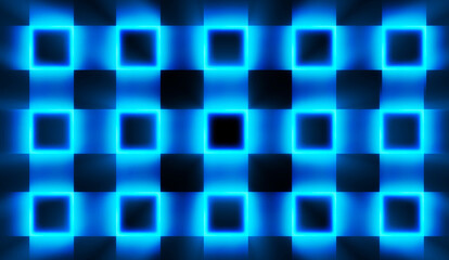 Glowing blue geometric gradient frame made of squares and neon lines on black background. Futuristic abstract poster template for technology, advertising, sales, discounts, and presentations.