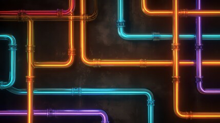 Vibrant Neon Pipes on a Dark Background for Digital Art Design