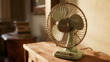Retro-style electric fan placed on a wooden table in a warmly lit room