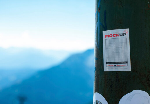 Sticker on Street Pole Sign with Mountains Mockup