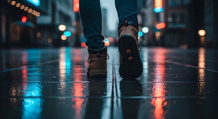 Fototapeta premium person walking on wet city street at night