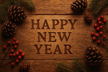 Holiday card with engraved happy new year and festive natural pinecones, berries and pine motif on wood