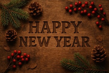 Christmas pine and berry rustic card with happy new year sign engraved on wood grain background