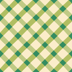Seamless diagonal green plaid pattern with retro color tones. Geometric background with crisscrossed stripes. Picnic fabric style. Cottagecore. Vector design for textile, wallpaper, wrapping paper