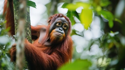 Obraz premium Orangutan resting in a rainforest canopy.