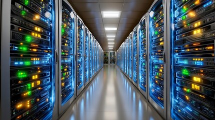 Obraz premium Data Center Servers Rows of Servers with Blue and Green Lights.