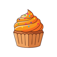 A cartoon illustration of a delicious cupcake with vibrant orange frosting and colorful sprinkles.