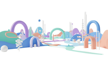 Whimsical pastel landscape with arches and spheres against a black background