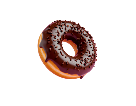 Floating chocolate dripping doughnut with chocolate chips isolated on a transparent background.
