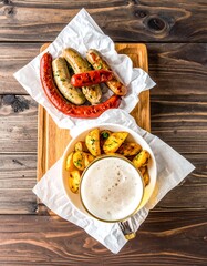 Grilled sausages, crispy potatoes, and a glass of beer on a wooden board