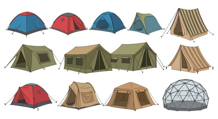 Collection of various camping tents showing different styles and colors for outdoor adventures use case