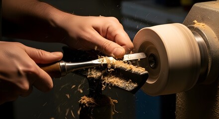 hands shaping wood on a lathe with chisel