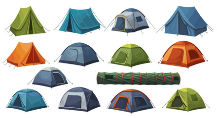 Illustration showing a variety of camping tents in different shapes colors and styles for outdoor adventures
