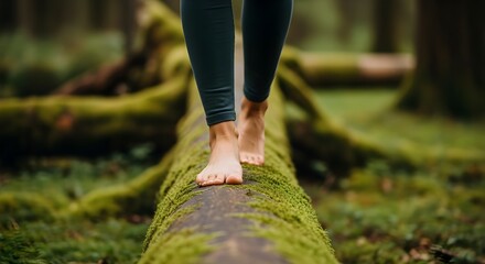barefoot walking on mossy log in serene forest